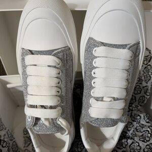 Alexander McQueen White and Silver Glitter Sneakers